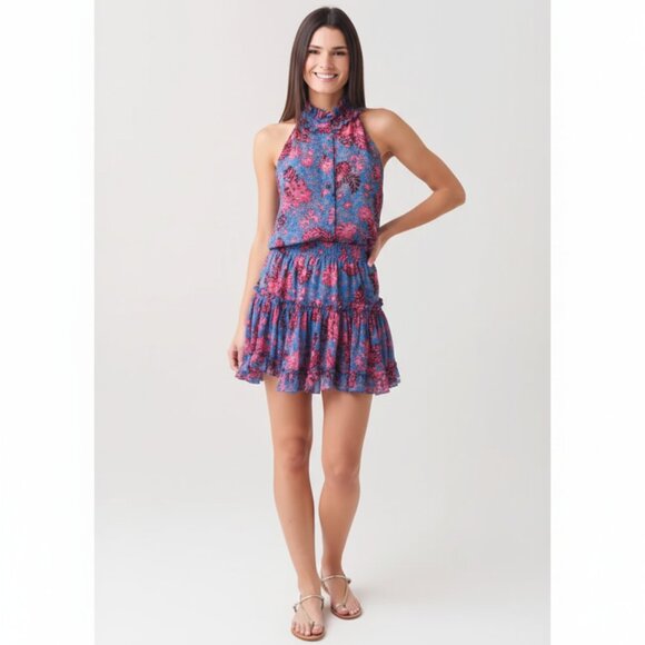 MISA Los Angeles Matching Marion Skirt and Halter Top Set - Blue & Pink Floral - Picture 1 of 12